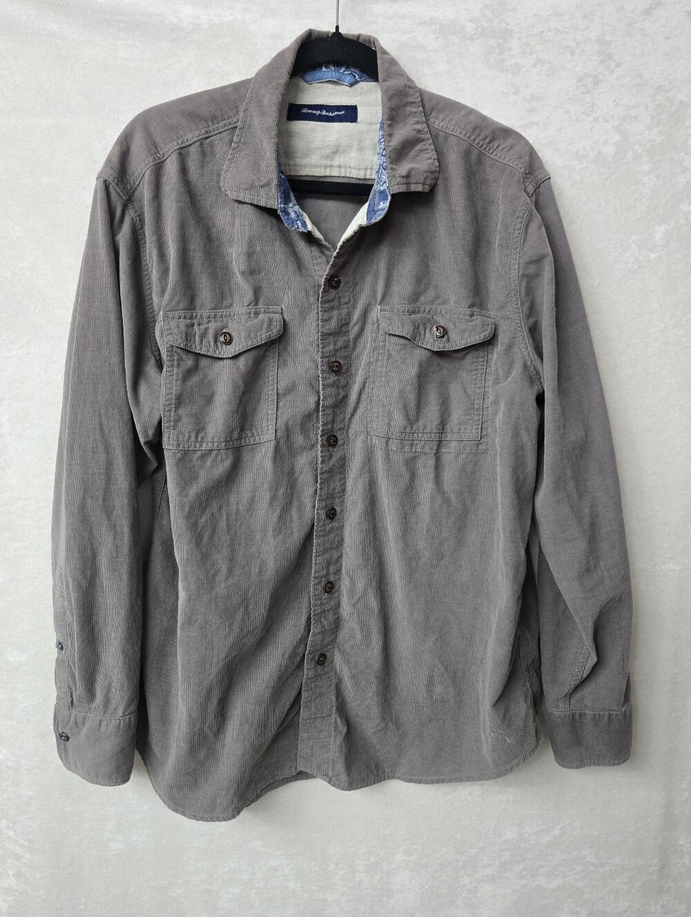 Tommy Bahama Corduroy Utility Shirt Large Gray Dual Flap Pockets Long Sleeve
